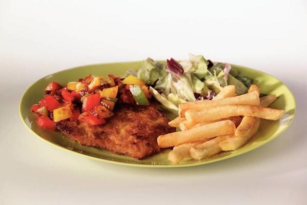 schnitzel with paprika sauce and French fries