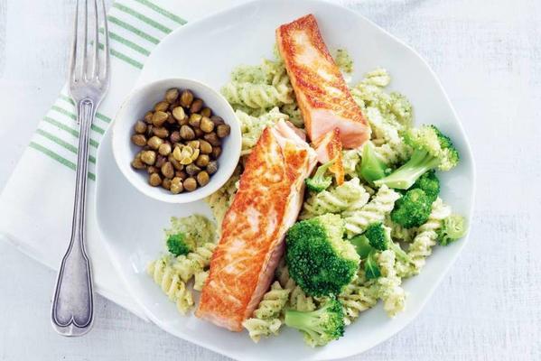 fresh creamy fusilli with salmon fillet and broccoli