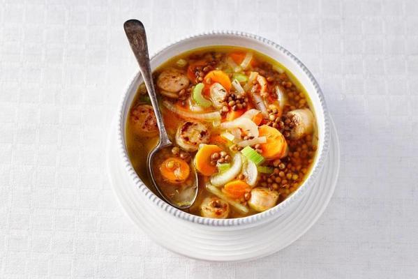 lentil soup with celery, carrot, onion and sausage