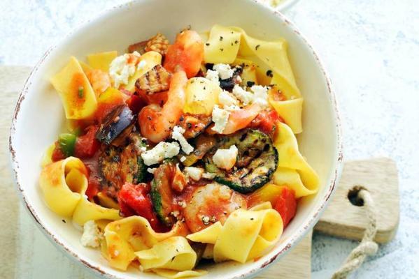 shrimp-vegetable pappardelle and tomato sauce