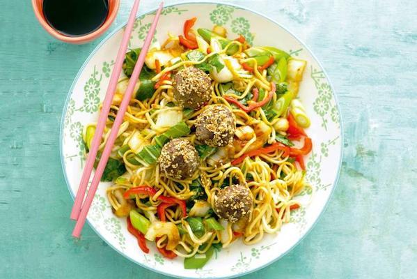sesame beef balls with noodles and bok choy