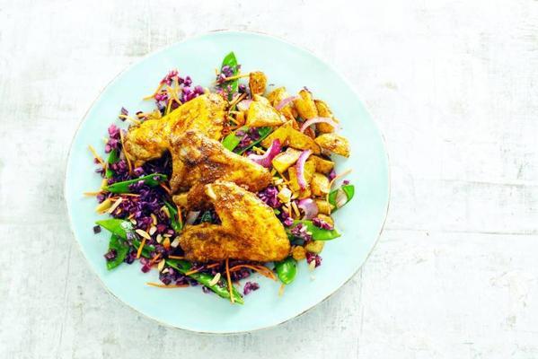 spicy chicken wings with carrot-red cabbage salad