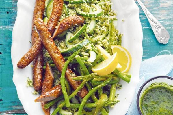 lamb sausages with salsa verde and green couscous
