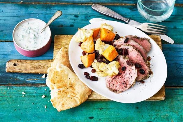 spicy leg of lamb with raita and roasted vegetables