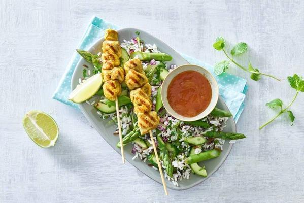 chicken skewers with sweet chutney and asparagus rice salad