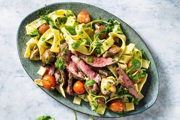 delicious pappardelle with steak and basil oil