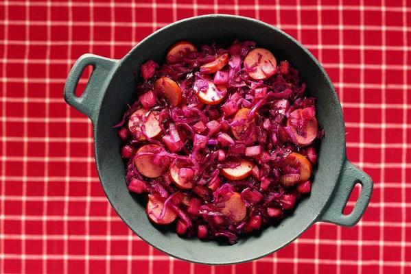 red cabbage dish with apple and smoked sausage