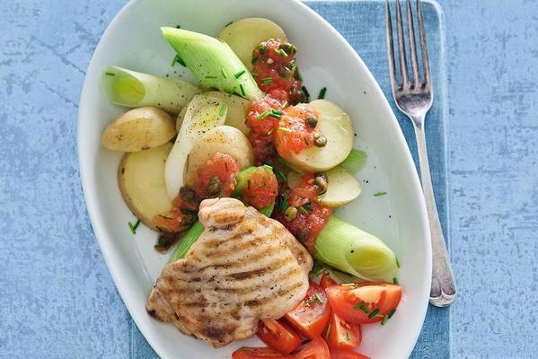 grilled chicken thigh with tomato and cap dressing