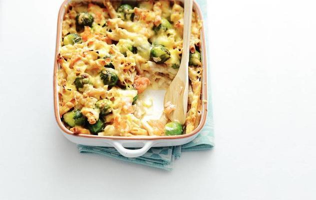 pasta gratin with sprouts and salmon