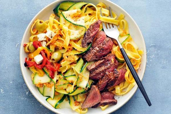 tagliatelle with steak and paprika tapenade