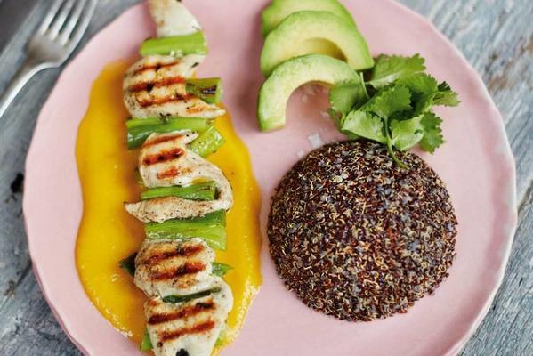 jamie olivers golden chicken skewers with yellow pepper sauce and black quinoa