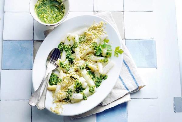 steamed white asparagus with herb dressing