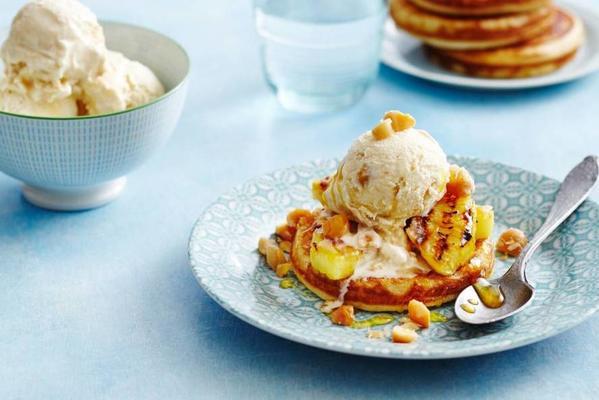 american pancakes with macadamia nut brittle ice cream