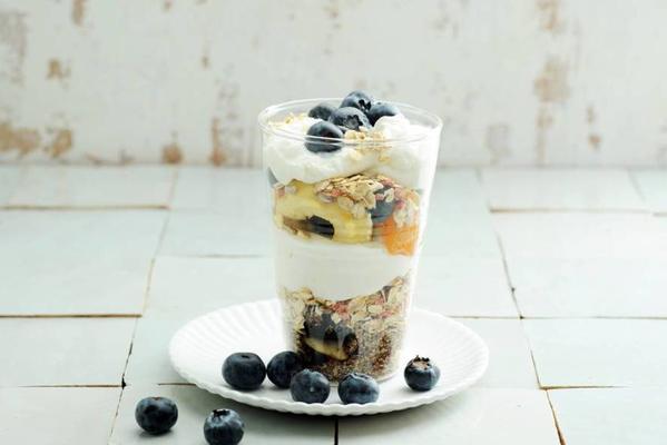 yogurt with tutti frutti and blueberries