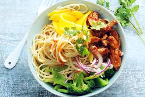 noodle-vegetable salad with mango and sticky chicken