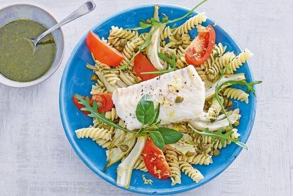 herb fusilli with cod and vegetables from the oven