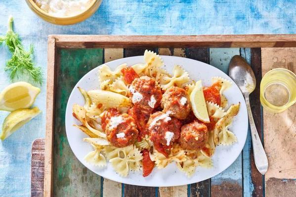 pasta with creamy meatballs and grilled vegetables