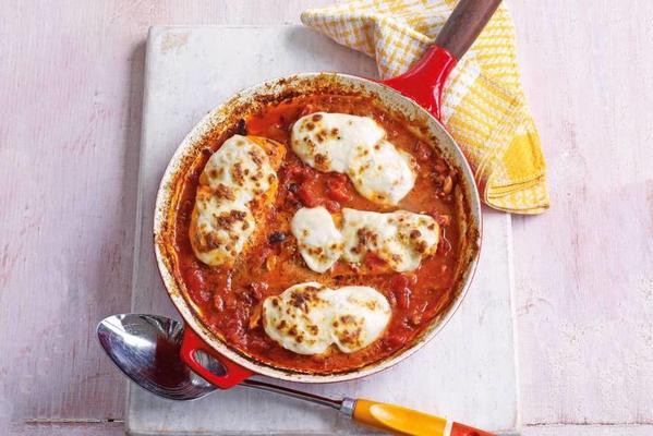 chicken fillet in pizza sauce with melted mozzarella