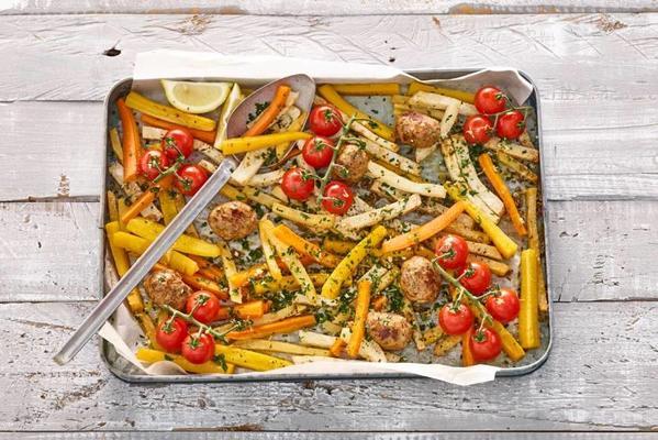 traybake with meatballs, vegetable fries and gremolata