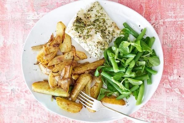 spiced cod with bean salad and potato slices