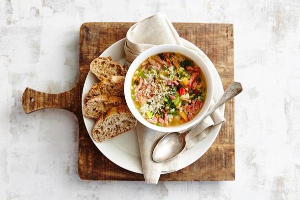 autumn minestrone with white beans, bacon and parmesan cheese