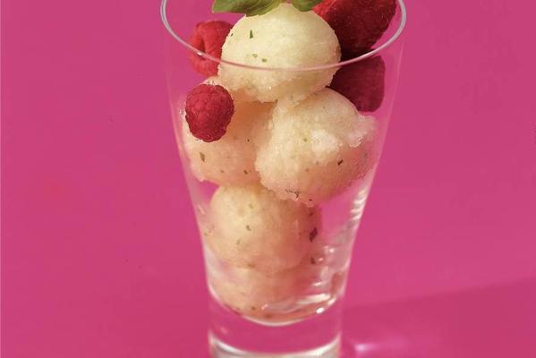 apple-basil sorbet with raspberries