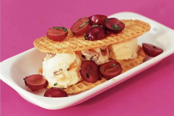 waffles with malaga ice cream and marinated grapes
