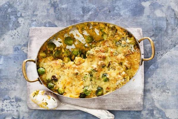 Brussels sprouts gratin with sweet potato