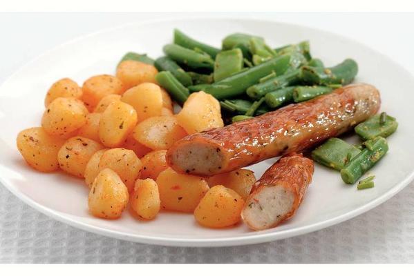 sausage and baby potatoes with bean salad
