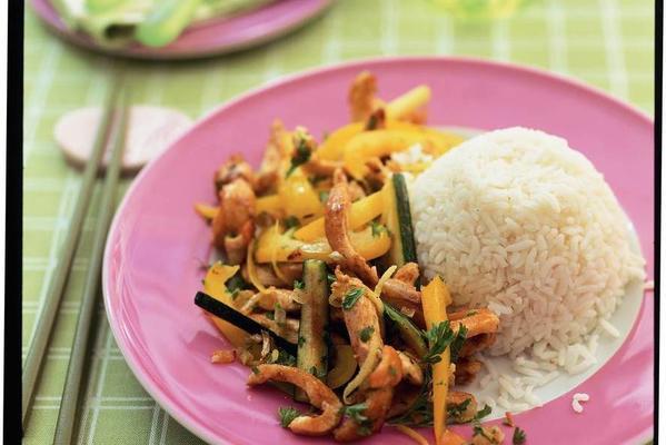stir-fried vegetables with chicken breast and rice