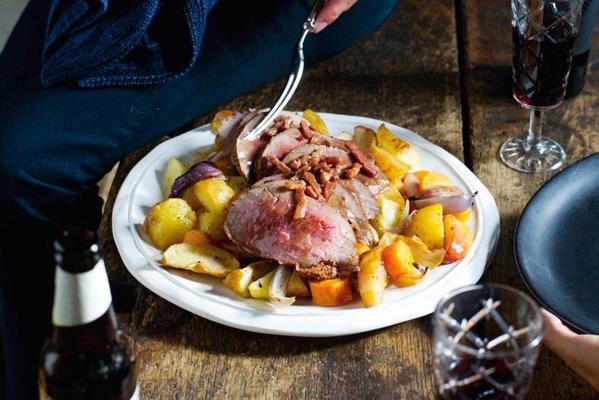 roast beef in sage sauce with apple and roasted vegetables