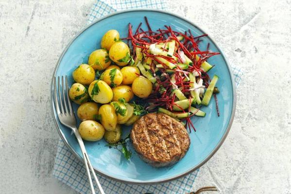 hereford burgers with beetroot salad and parsley trotters