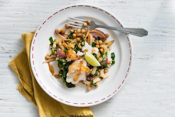 stir-fried bok choy with chickpeas and cod
