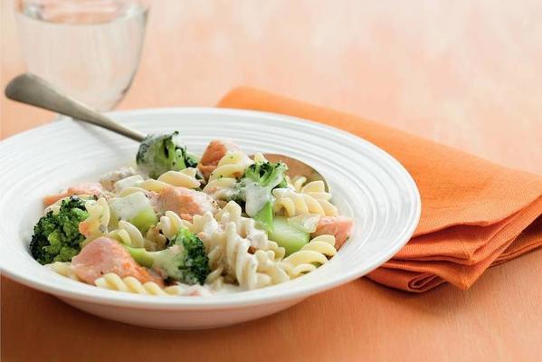 pasta with broccoli and salmon in creamy sauce
