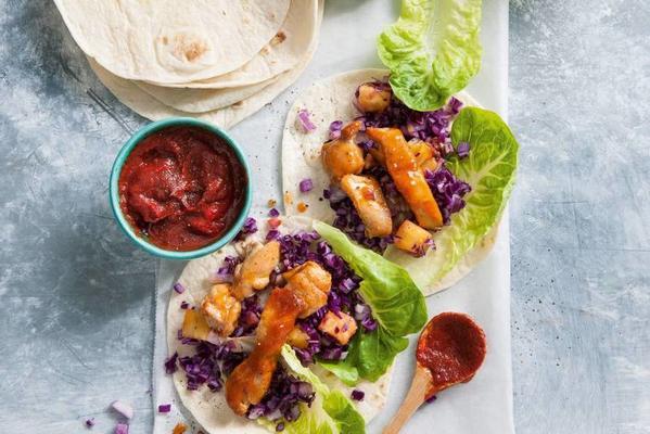 wraps with sticky chicken and red cabbage salad