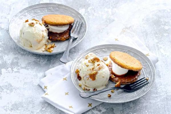 warm marshmallows with caramel ice cream and pecans