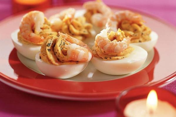 eggs filled with red pesto and shrimp