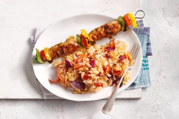 chicken-vegetable kebab with tomato rice