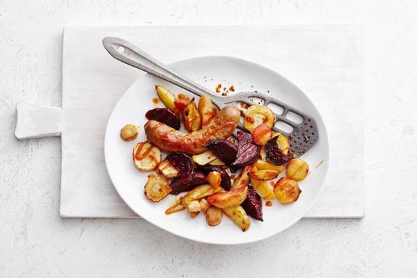 potato, parsnip and beet with sausage