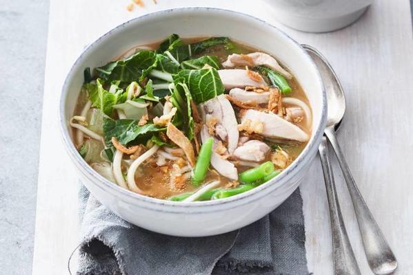 Oriental soup with tender chicken, pak choi, noodles and bean sprouts