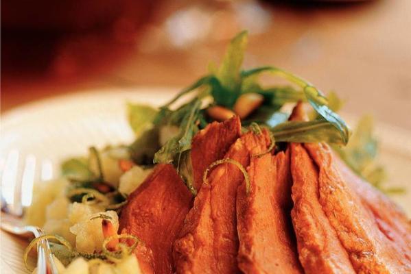 Oriental duck breast with rocket and melon
