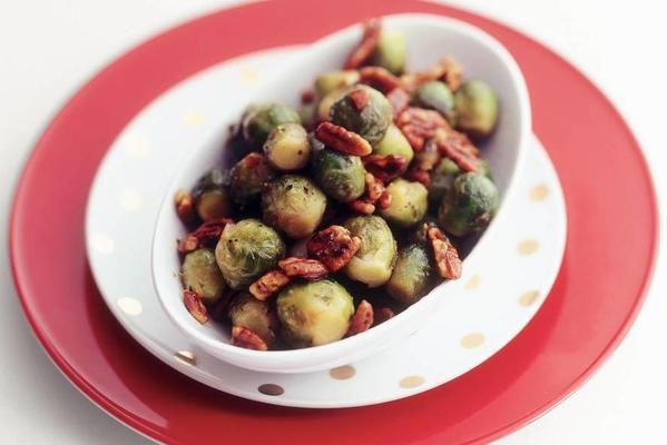 woked sprouts with pecans