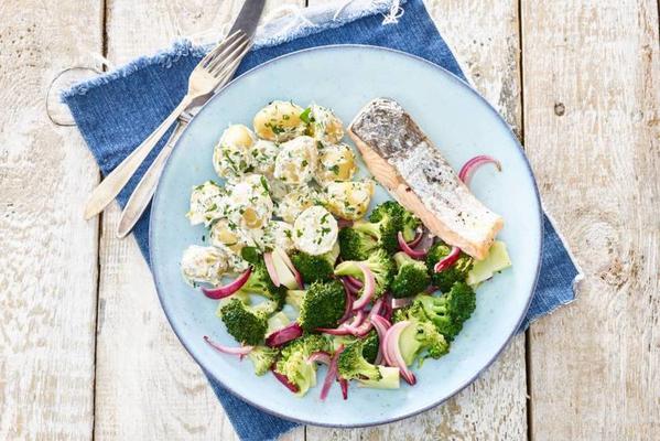 salmon with creamy potato salad and broccoli
