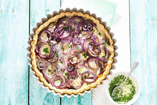 summer quiche with red onion, ricotta and parsley oil