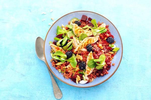 rice-lentil salad with chicken, beet and blackberries