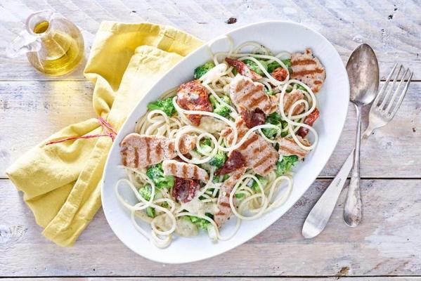 creamy pasta with broccoli and grilled pork tenderloin
