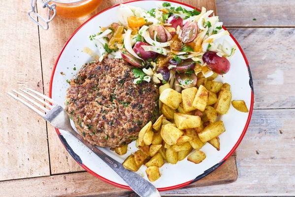 chicken burger with lentils, baked potatoes and chicory salad