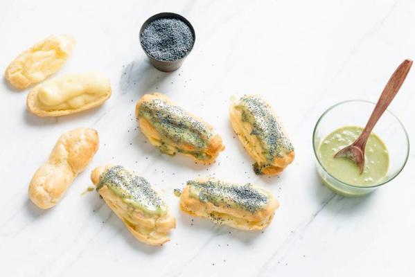 eclairs with matcha, elderflower syrup and lime cream
