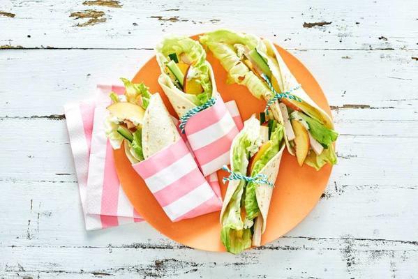 wraps with peach and smoked chicken strips