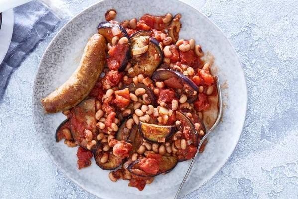 spicy Spanish bean stew with bratwurst and eggplant